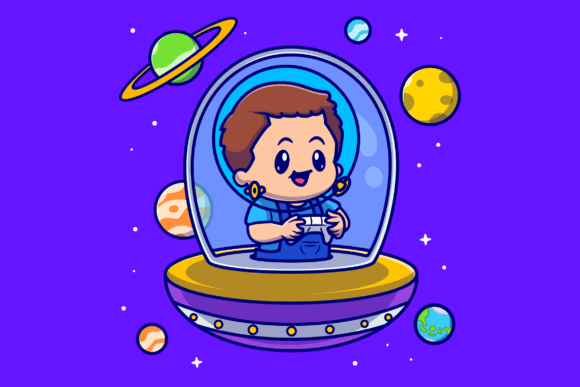 Cute Boy Astronaut Playing Game in UFO